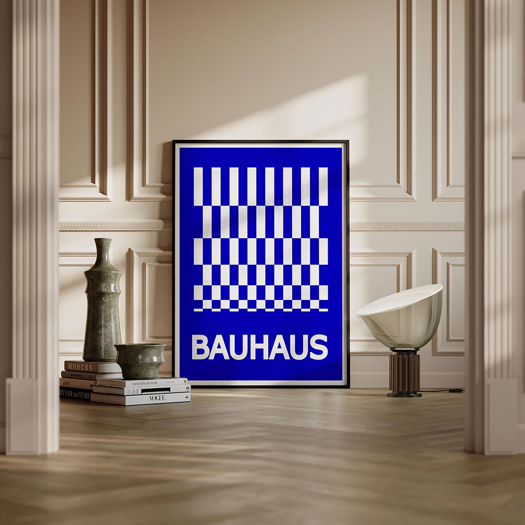 Blauw wit ritme – moderne Bauhaus wandkunst als poster