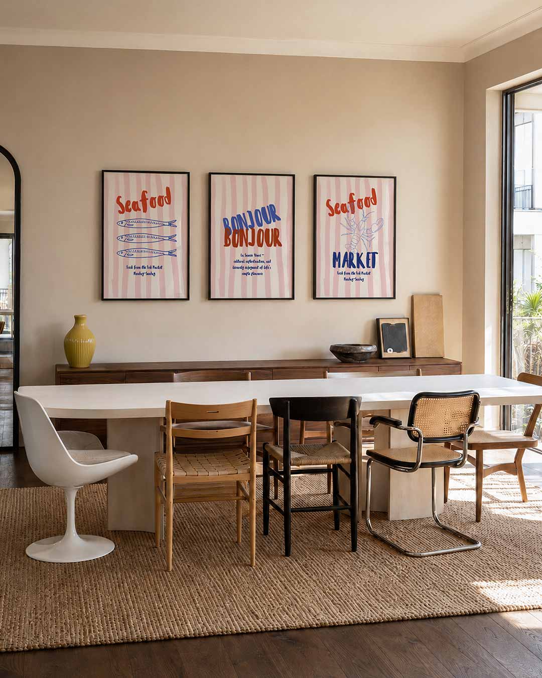 Visuele eenvoud posterset – derde productweergave – deze posterset in drie delen toont speelse blauwe visvormen