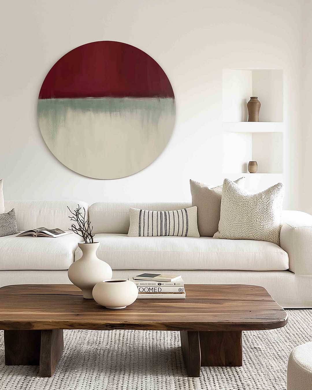 Rood en beige abstracte – illustratie muurcirkel als ronde muurdecoratie