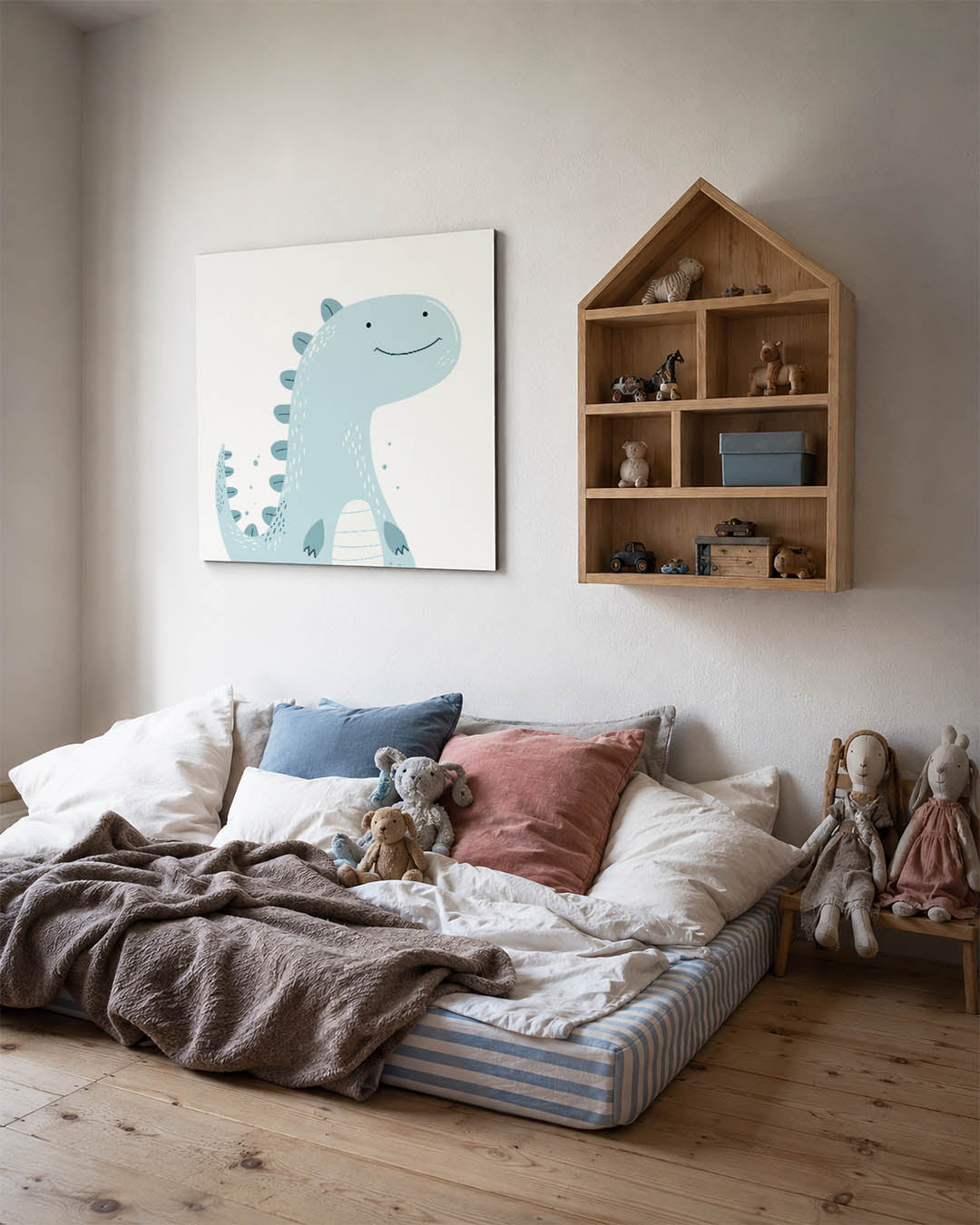 Vrolijke dinosaurus illustratie kunstwerk – derde productweergave – dit kunstwerk toont een schattige dinosaurus met een