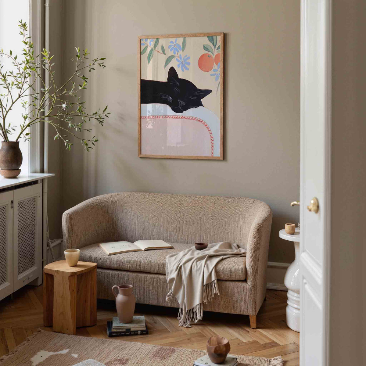 Slapende kat – pastel poster in staand formaat