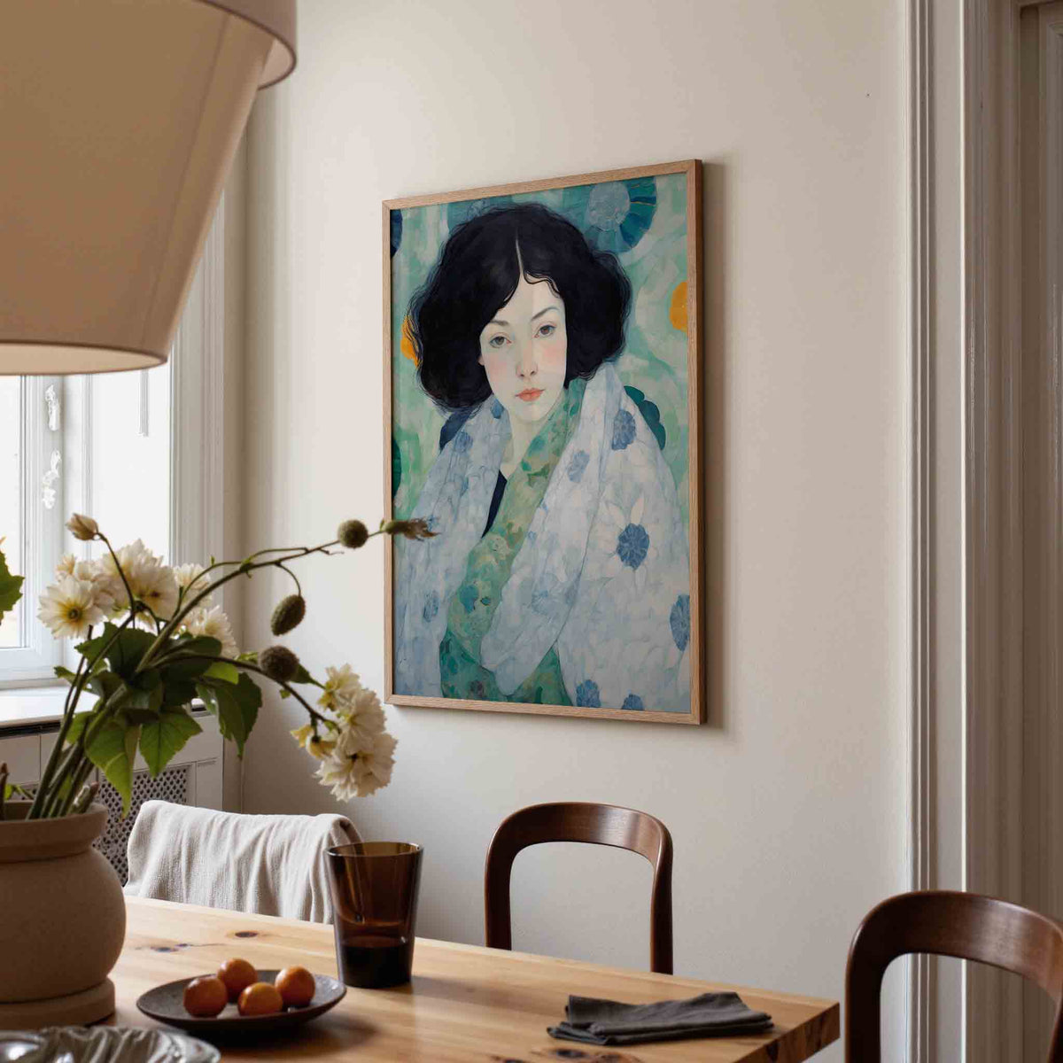 Vrouw met bloemenpatroon – kunst en design poster in portret formaat