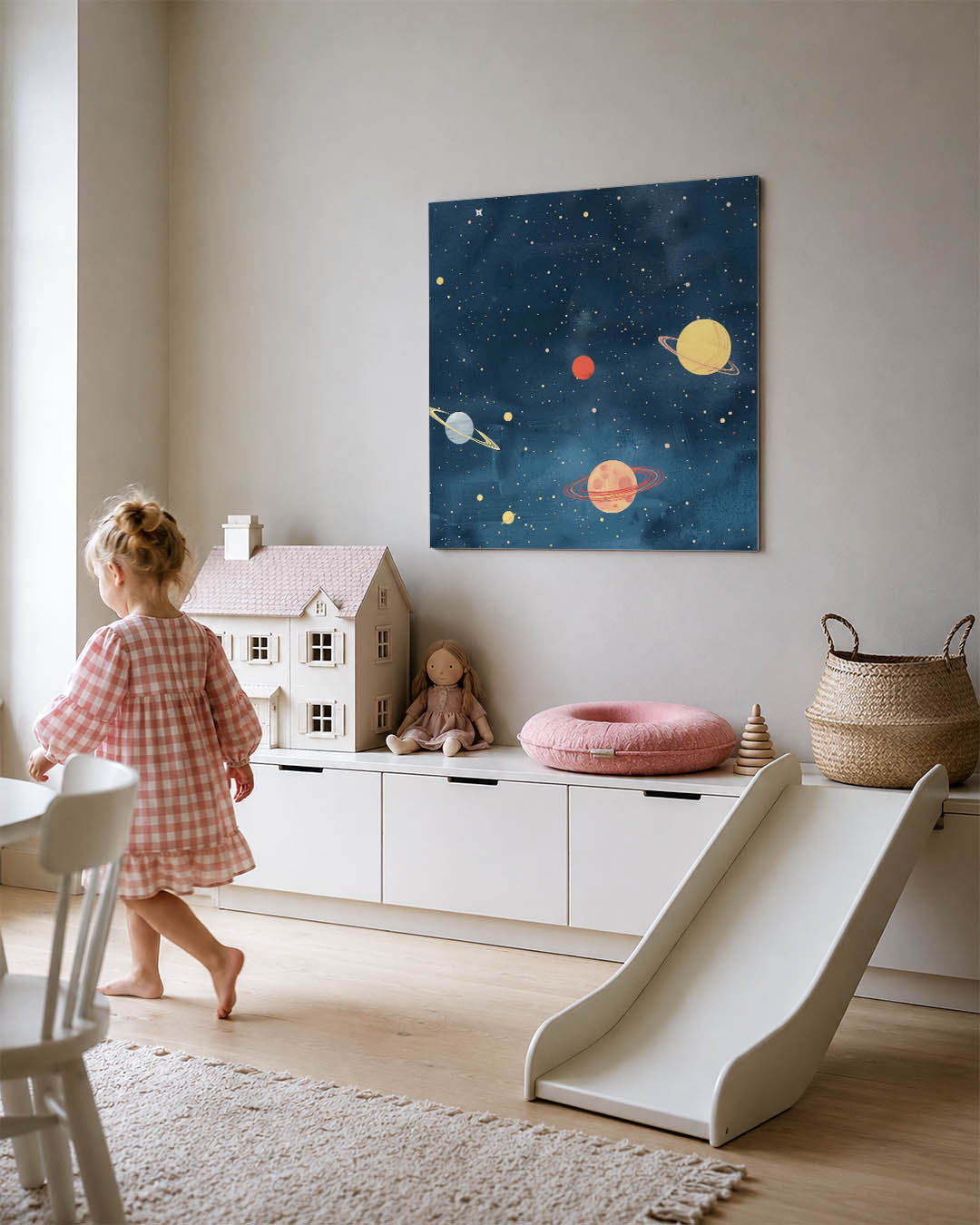 Kosmische hemel kunstwerk – tweede productweergave – dit kunstwerk toont een sterrenhemel met kleurrijke planeten en sterren