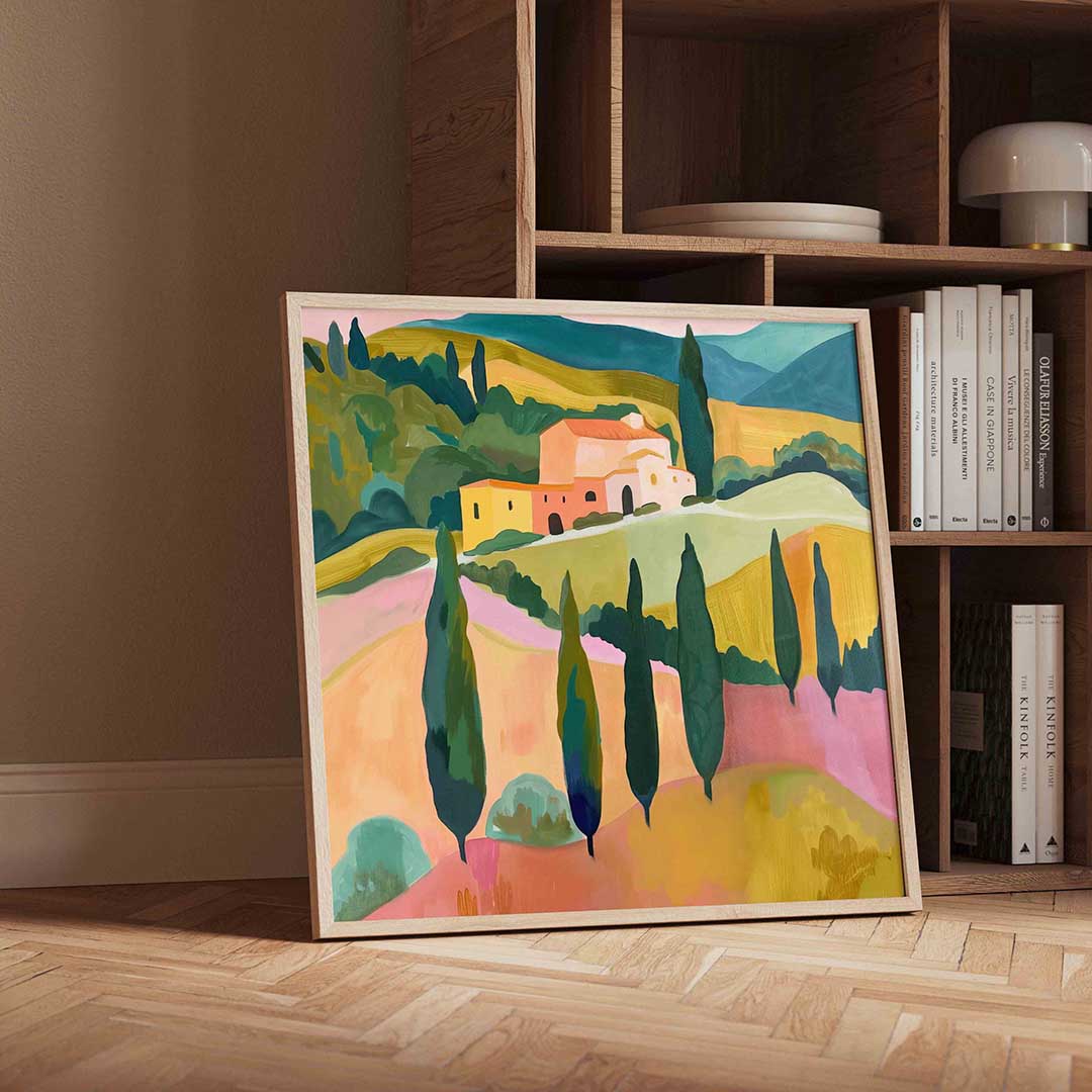Landschap met cipressen – moderne wandkunst als vierkante poster