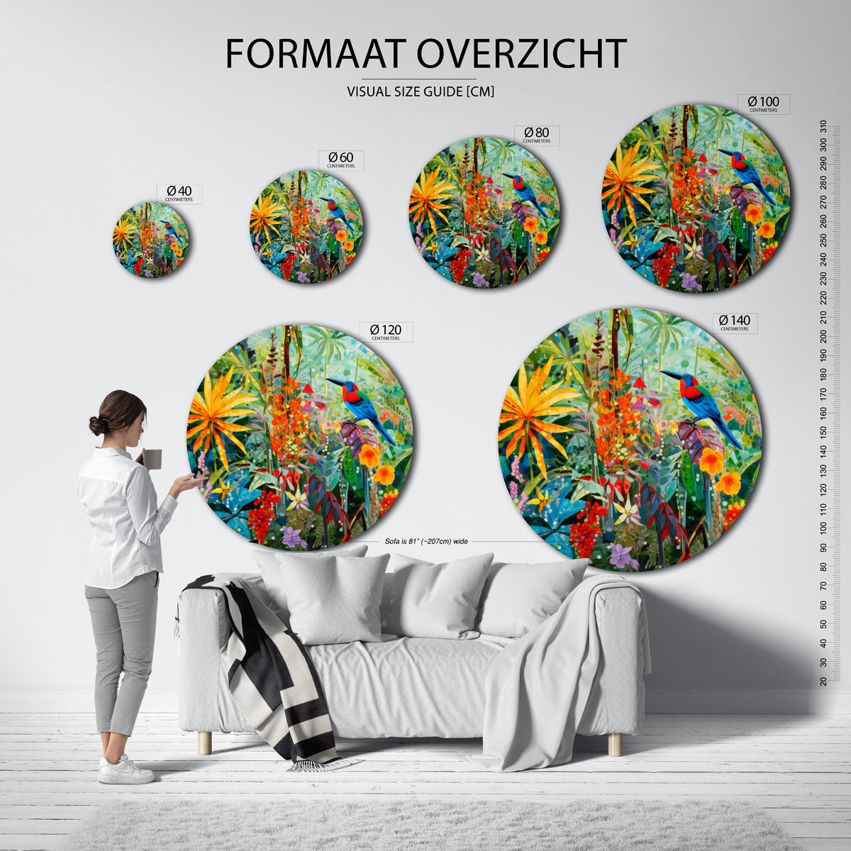 Vogels en bloemen – abstracte wandkunst met textuur als muurcirkel