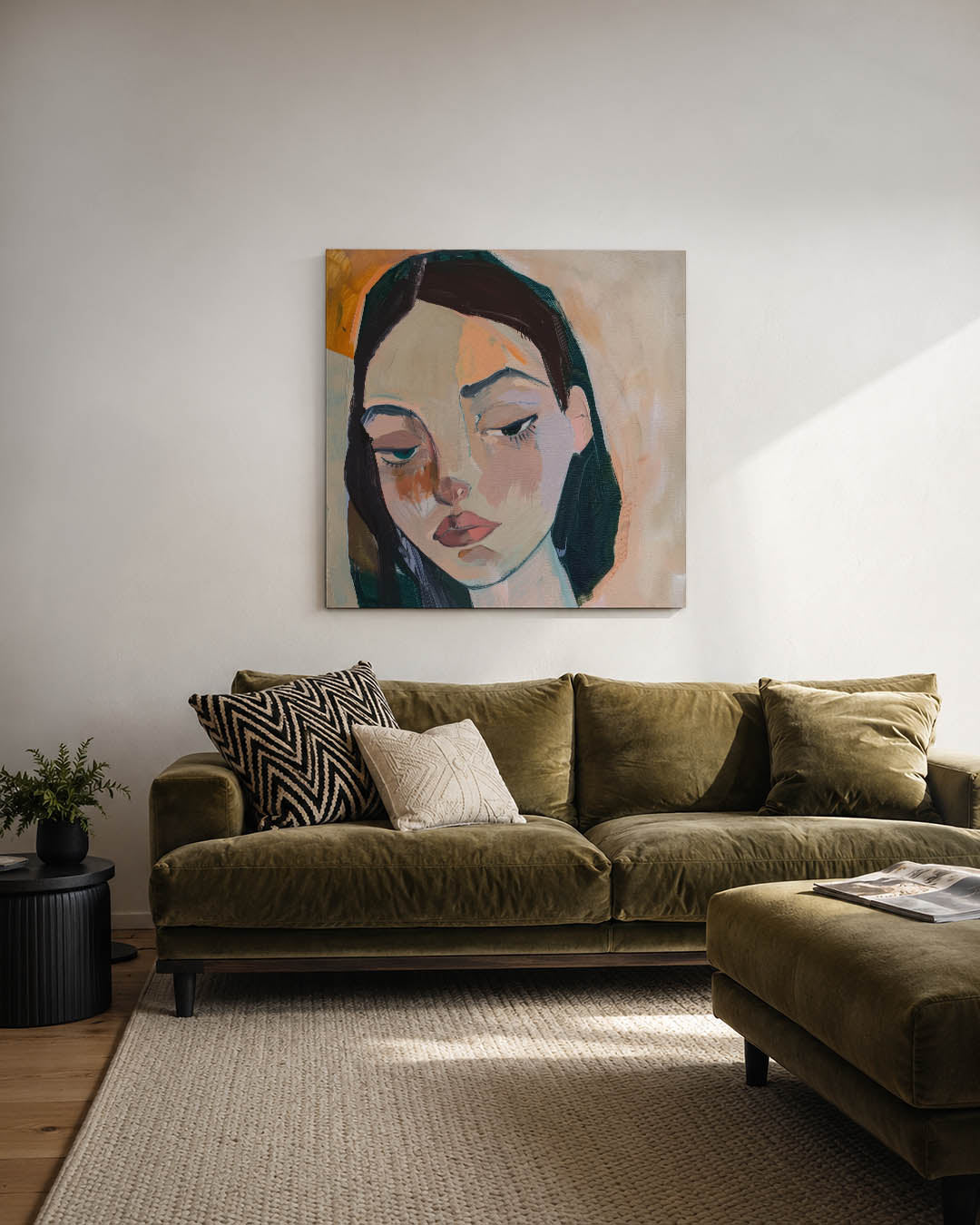 Portretstudie kunstwerk – derde productweergave – dit werk toont een portret met gedurfde penseelstreken en zachte kleuren.