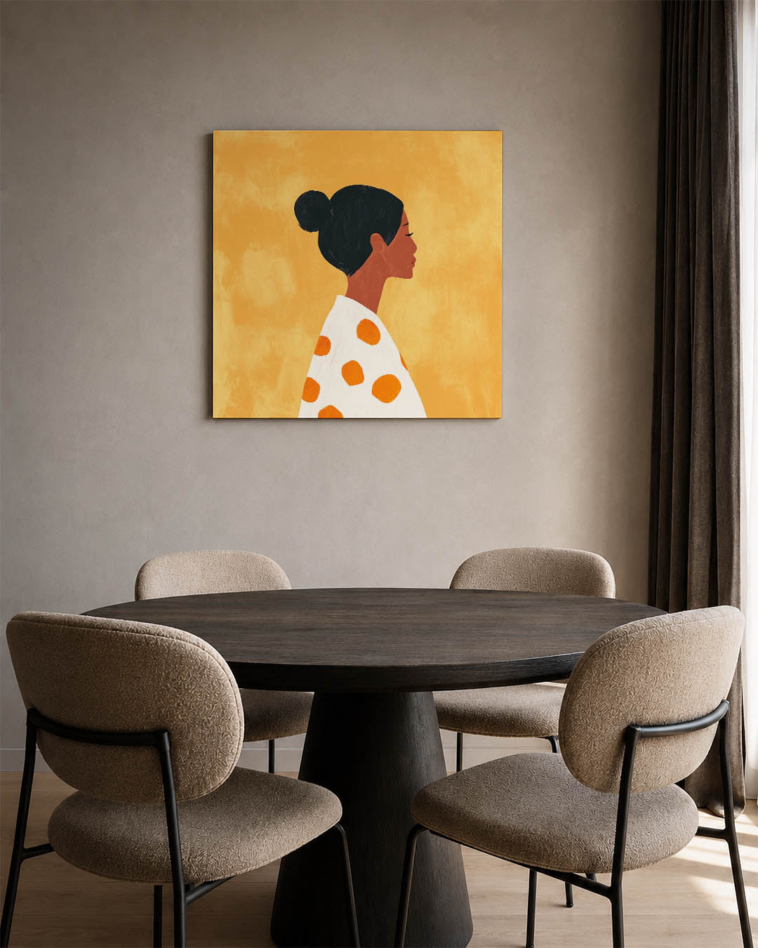 Vrouwelijk silhouet kunstwerk – derde productweergave – dit werk toont een vrouwelijk silhouet tegen een warme achtergrond.