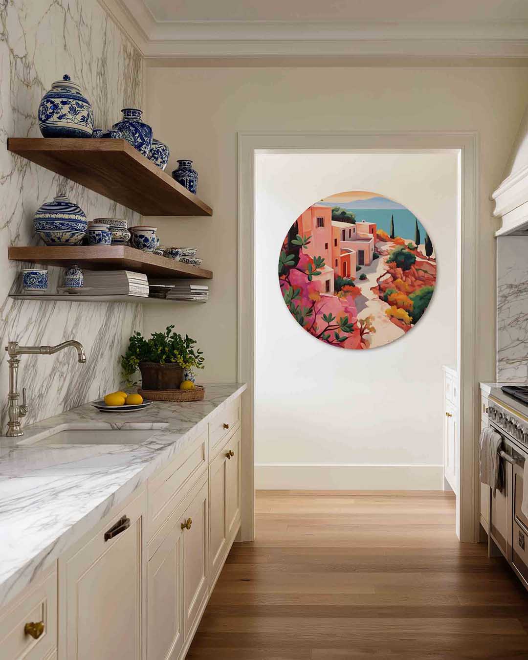 Mediterrane huizen – moderne abstracte muurcirkel voor aan de muur