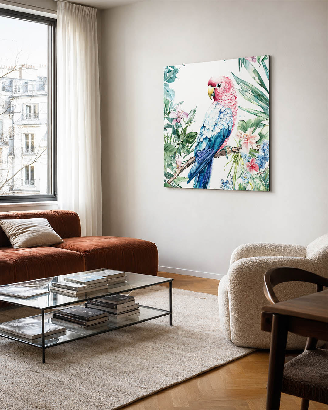 Vrolijke vogel illustratie kunstwerk – vierkante wanddecoratie – dit werk toont een kleurrijke vogel omringd door bloemen en