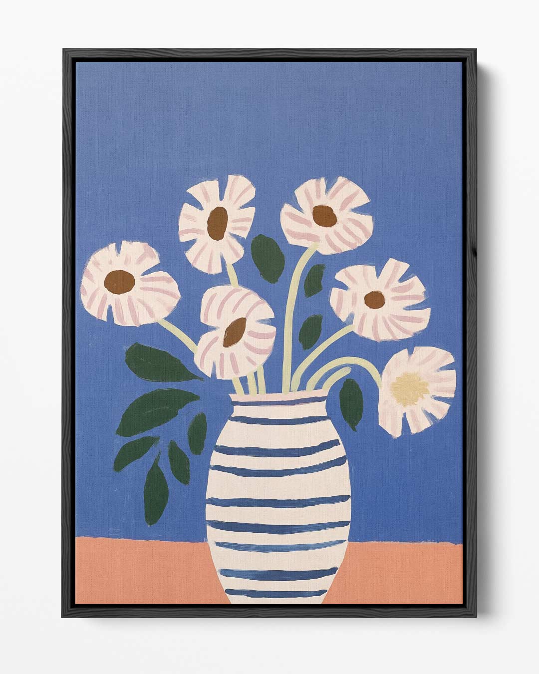 Stralende Bloemen in Gestreepte Vaas – portret kunstwerk als wanddecoratie