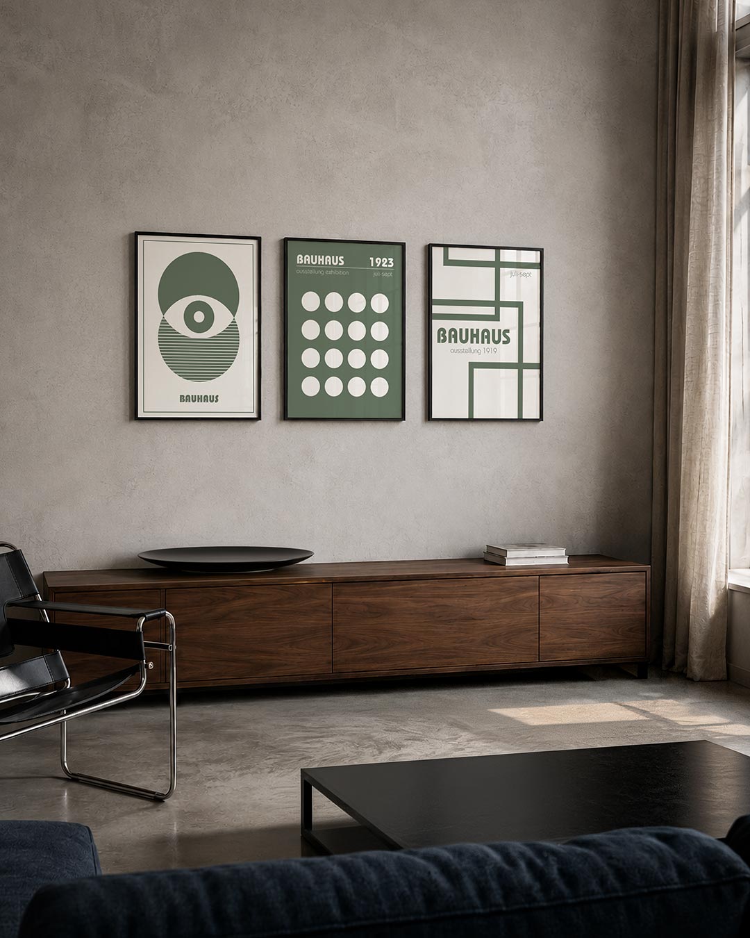 Cirkel en lijnen driedelige posterset – deze poster toont een grote cirkel met een kleinere cirkel erin, omgeven door