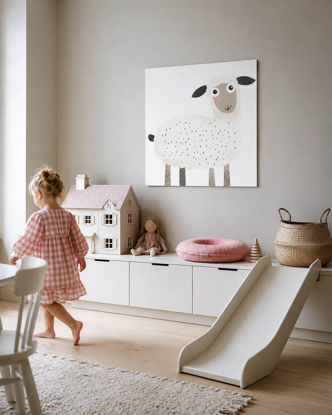 Vrolijk schaap kunstwerk – tweede productweergave – dit kunstwerk toont een schattig schaap met een speelse uitstraling. De