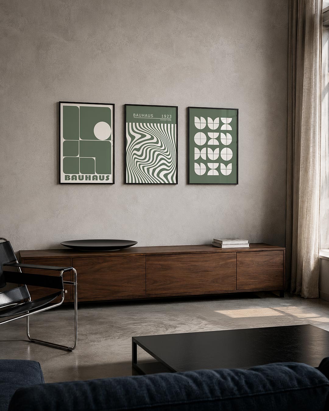 Vorm en balans driedelige posterset – deze posterset in drie delen toont een spel van rechthoeken en een cirkel in olijfgroen