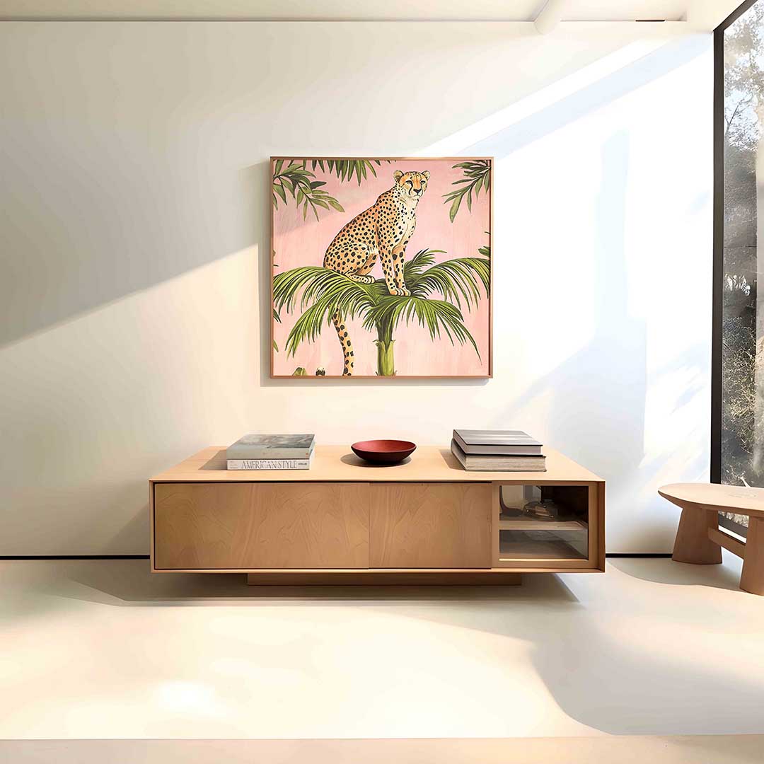 Luipaard op palm – vierkante dieren wanddecoratie van WallArtistic