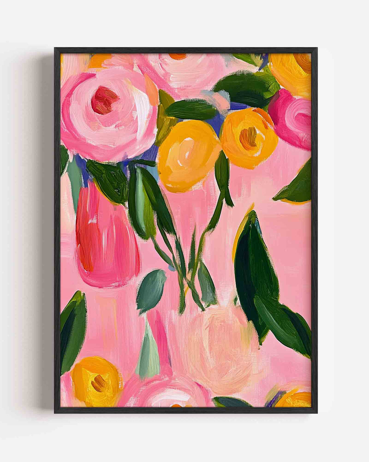 Bloemen in roze en geel – dromerige illustratie poster als wanddecoratie
