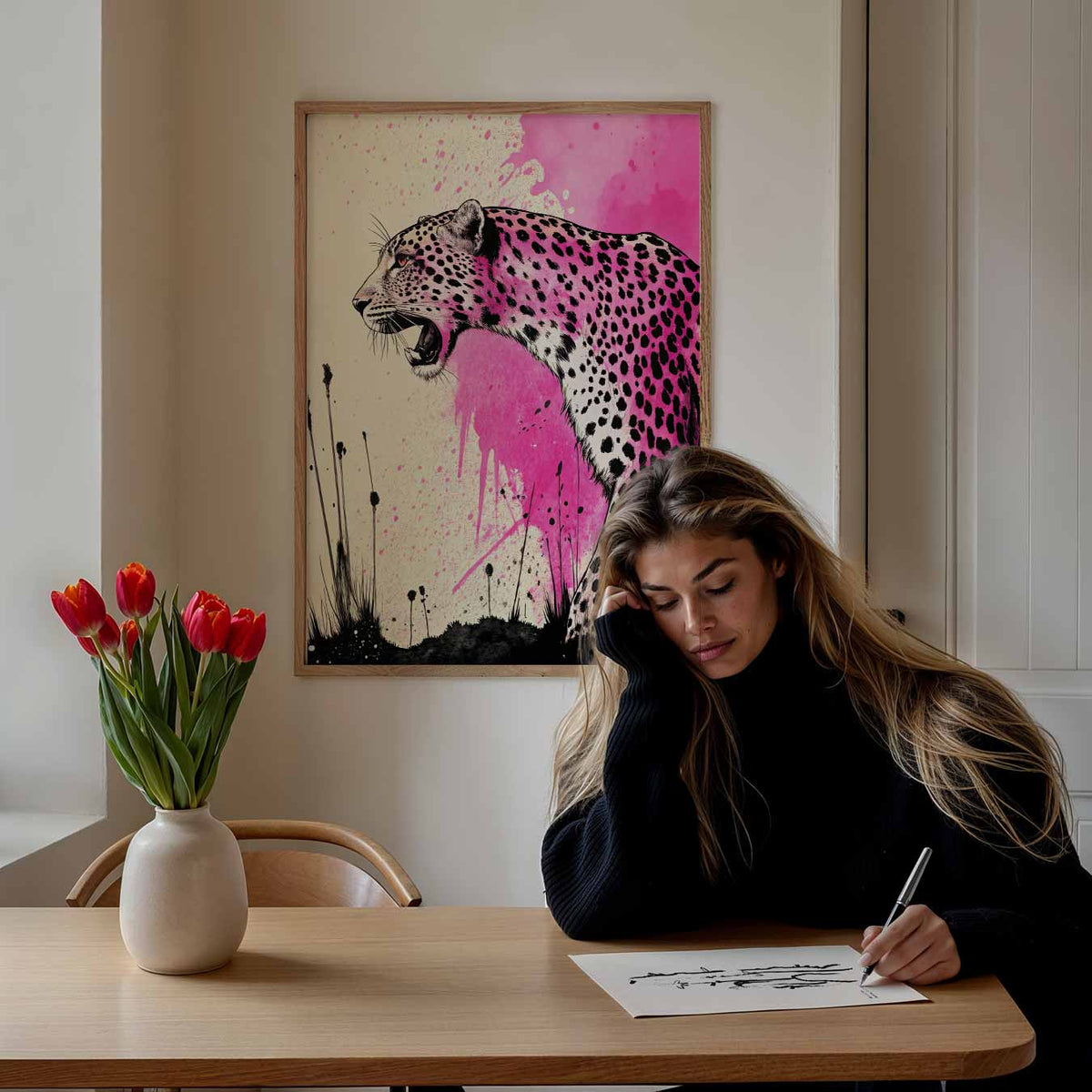 Wild Roze Leopard Print – staande dieren wanddecoratie van WallArtistic