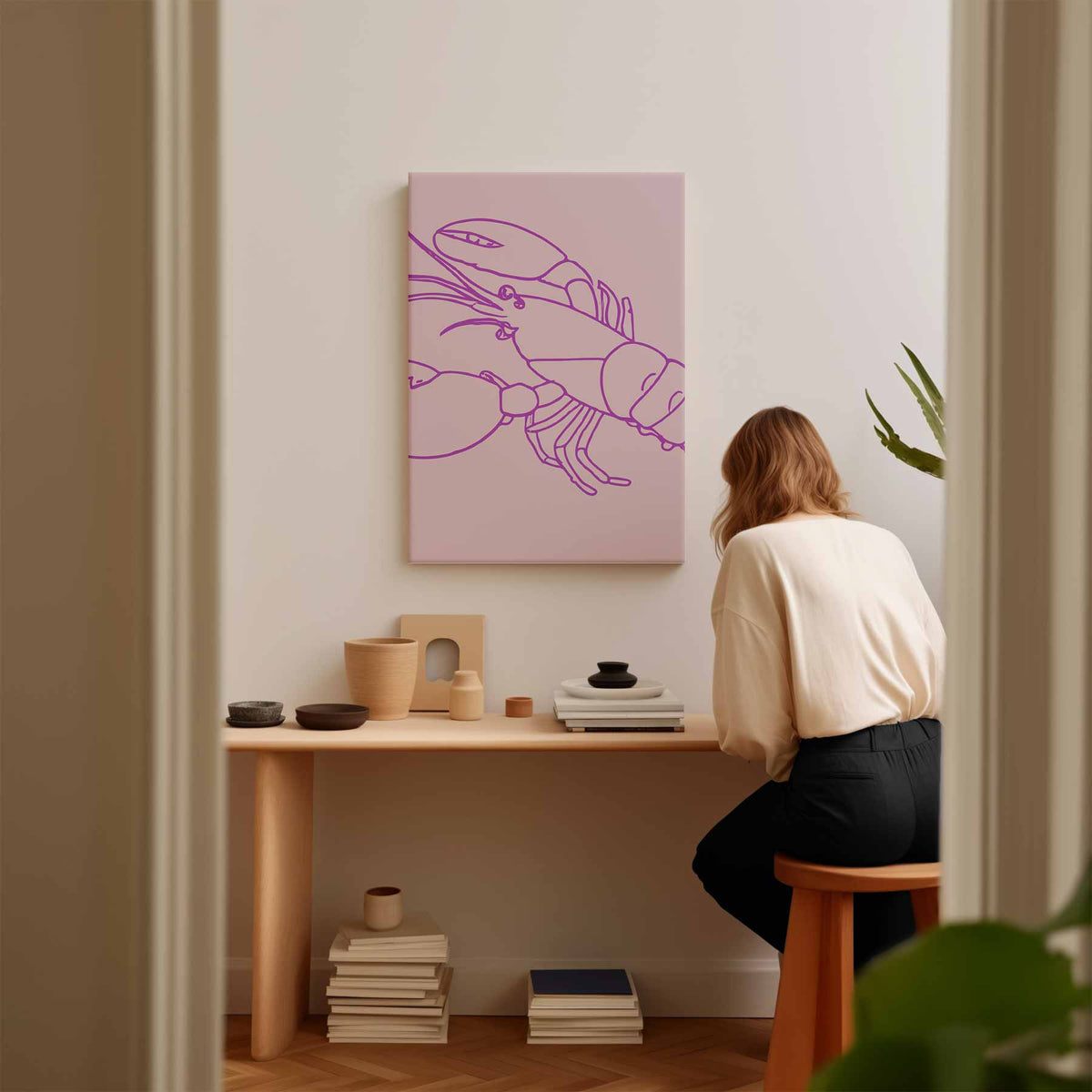 Vrolijke Roze Kreeft Illustratie – kunstwerk met zwarte baklijst