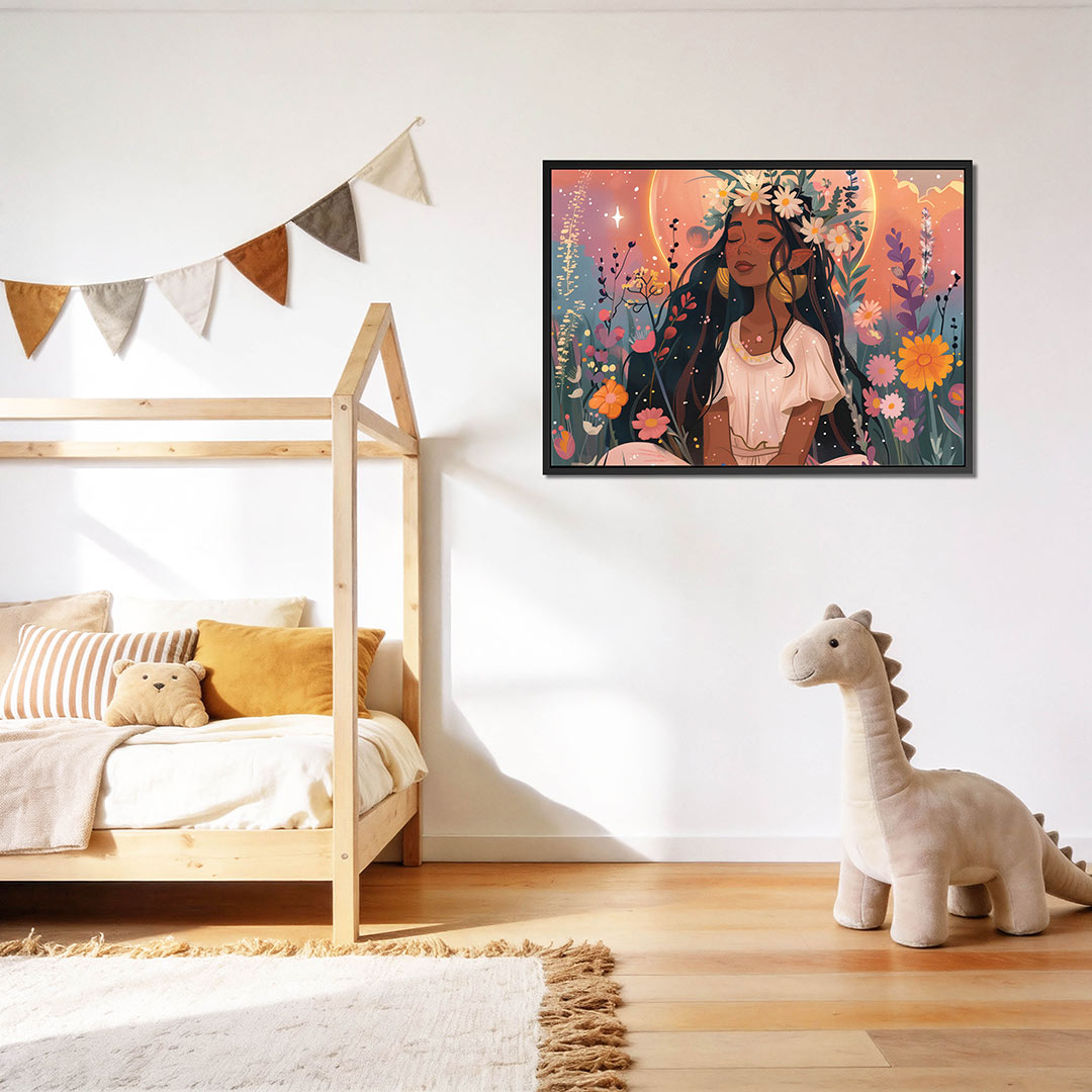 Dromerige bloemenmeisje – op canvas, dibond of plexiglas