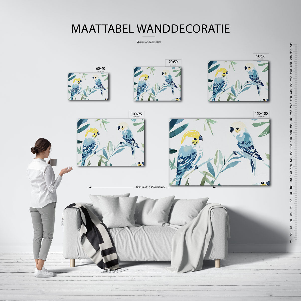 Vogels en bladeren – Jungle kunstwerk – kunstwerk op canvas, dibond of plexiglas