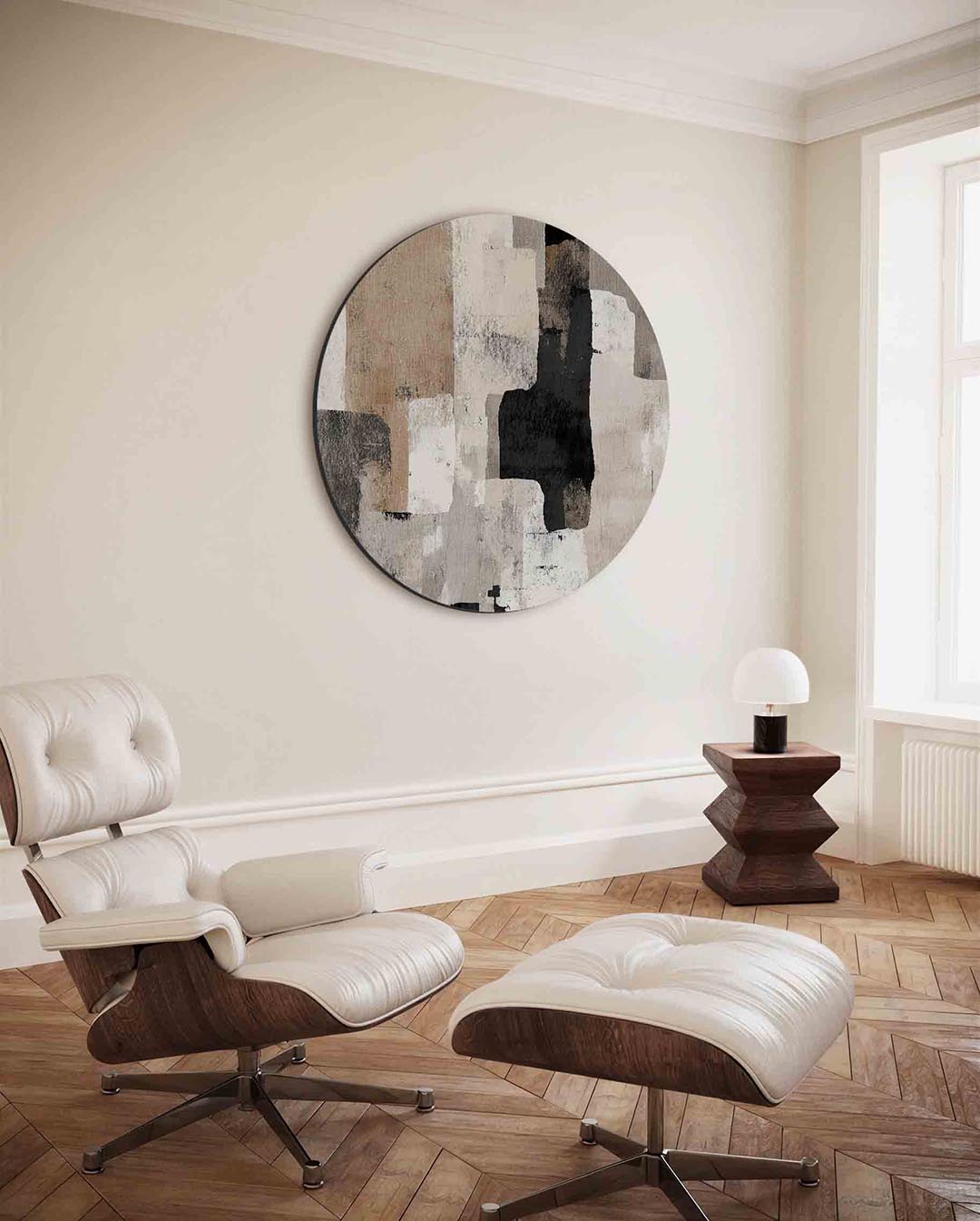Abstracte vormen – moderne ronde wanddecoratie met vrouwelijk portret