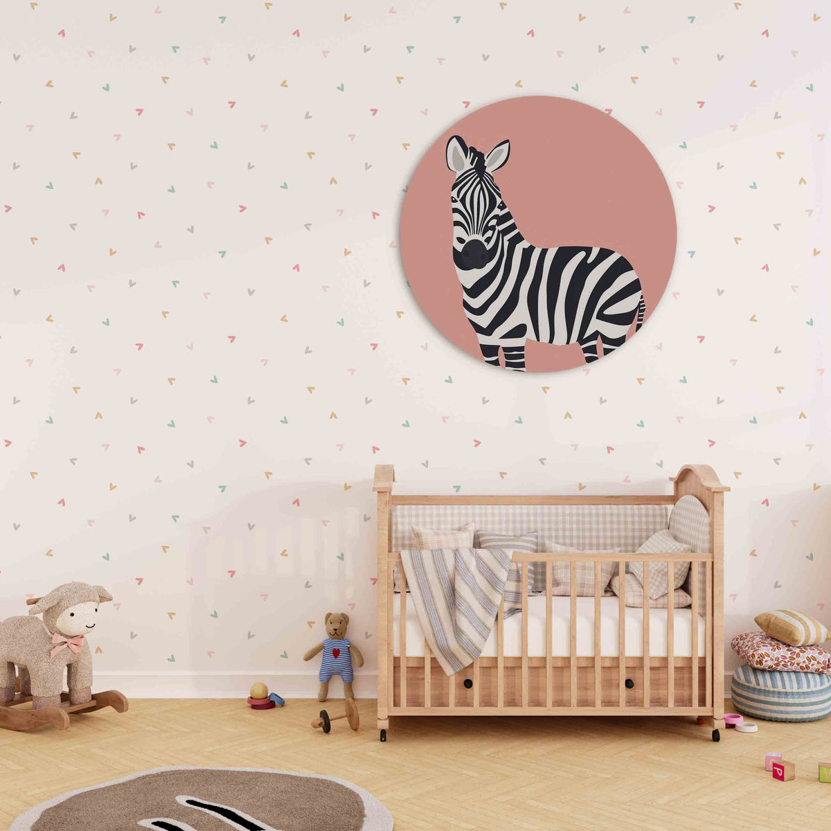 Zebra op roze Muurcirkel – derde productweergave – Een zebra met zwarte en witte strepen staat op een roze achtergrond.