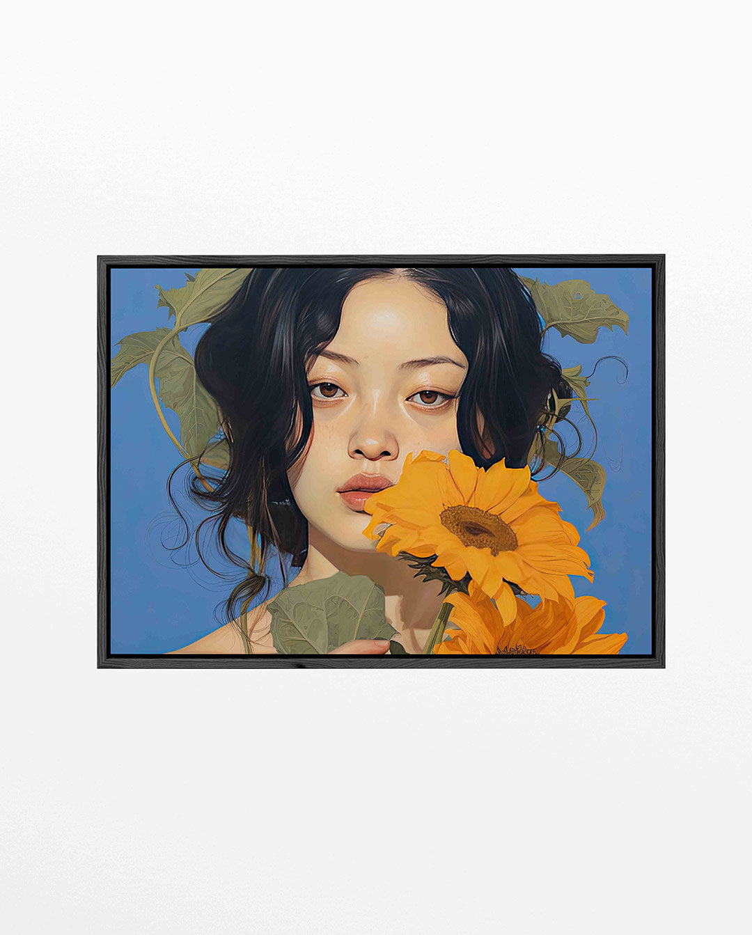 Vrouw met zonnebloemen – liggend portret kunstwerk