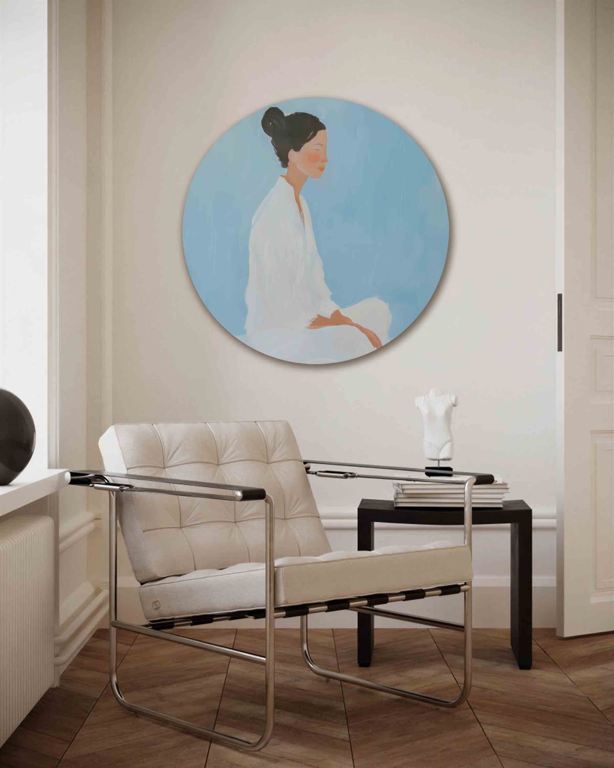 Vrouw in profiel – kleurrijke muurcirkel als ronde wanddecoratie