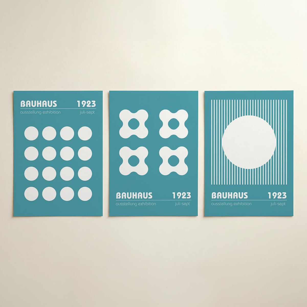 Cirkelpatroon blauw posterset – detailweergave – deze poster toont een strak patroon van witte cirkels op een blauwe
