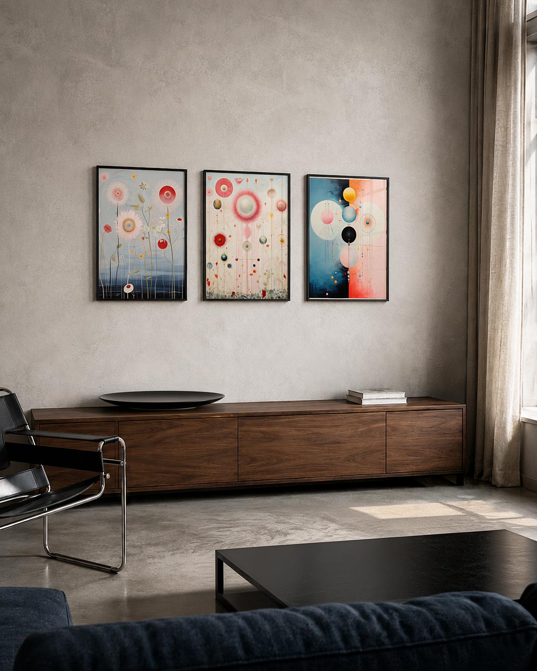 Bloemvormen en lijnen posterset – tweede productweergave – deze driedelige postercombinatie toont delicate bloemen in