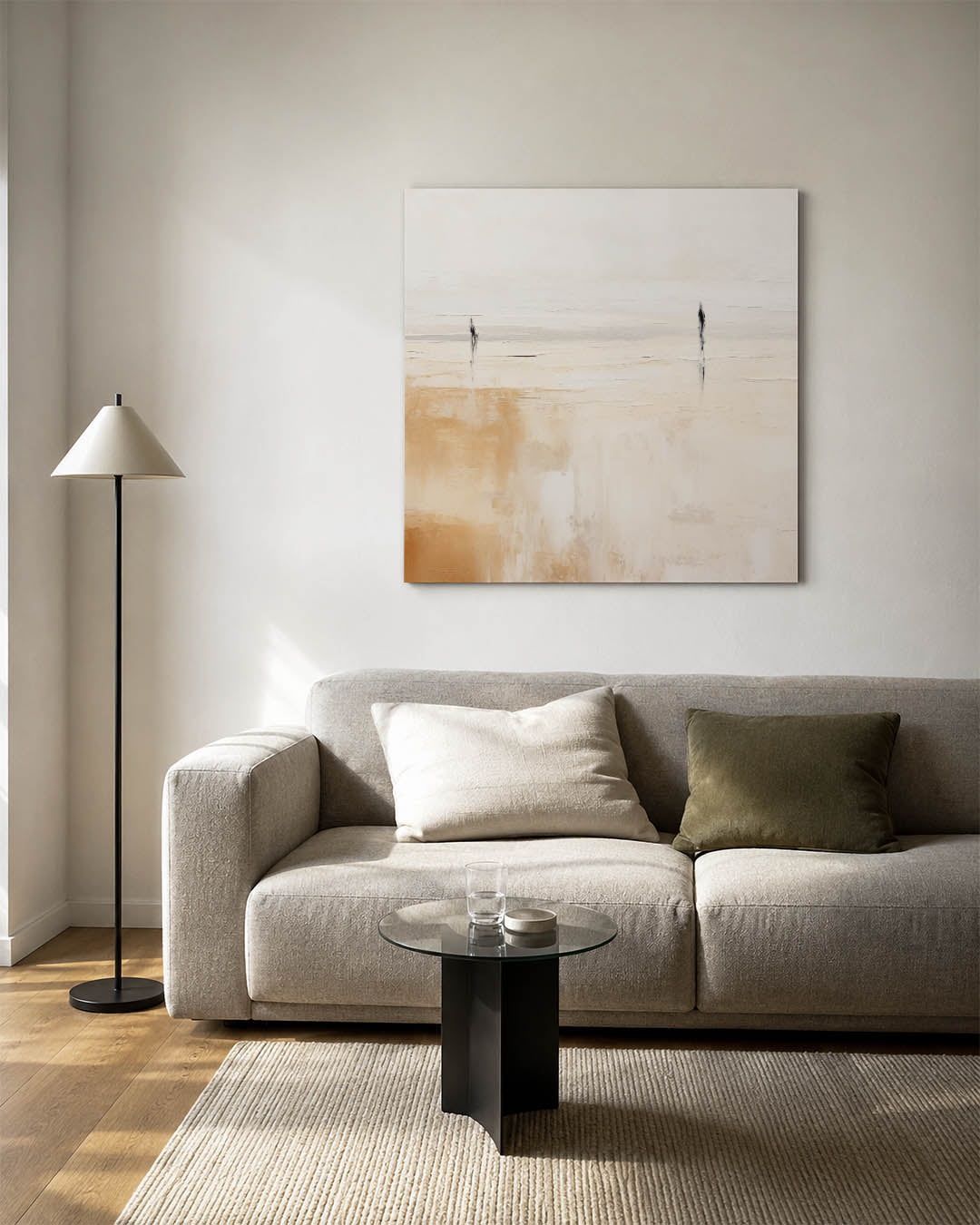 Landschap kunstwerk – vierkante wanddecoratie – dit werk toont een compositie met zachte overgangen tussen beige en wit. Twee