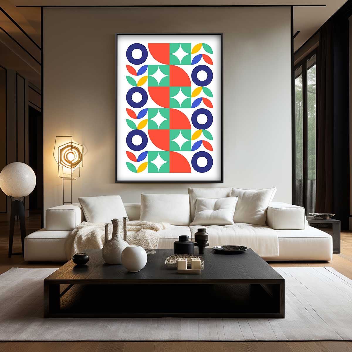 Kleurrijke Geometrische Harmonie – kunstwerk met zwarte baklijst