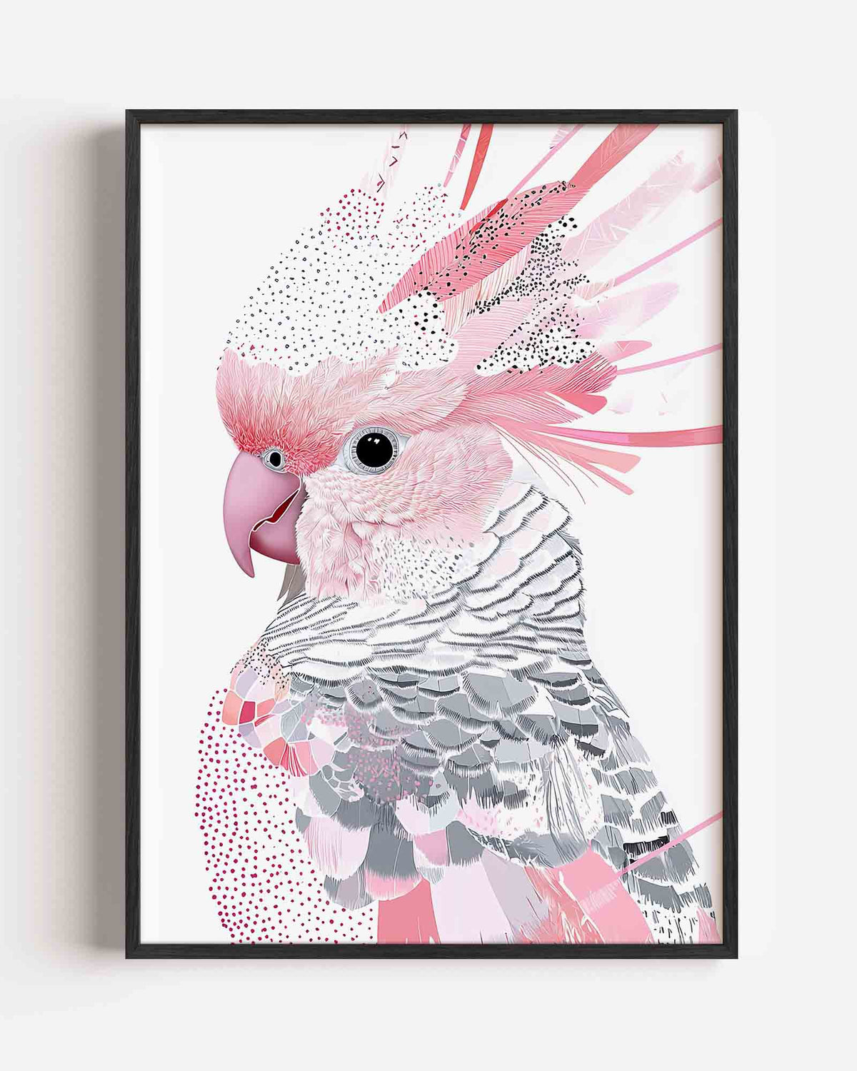 Papegaai met roze veren – dieren portret poster als wanddecoratie