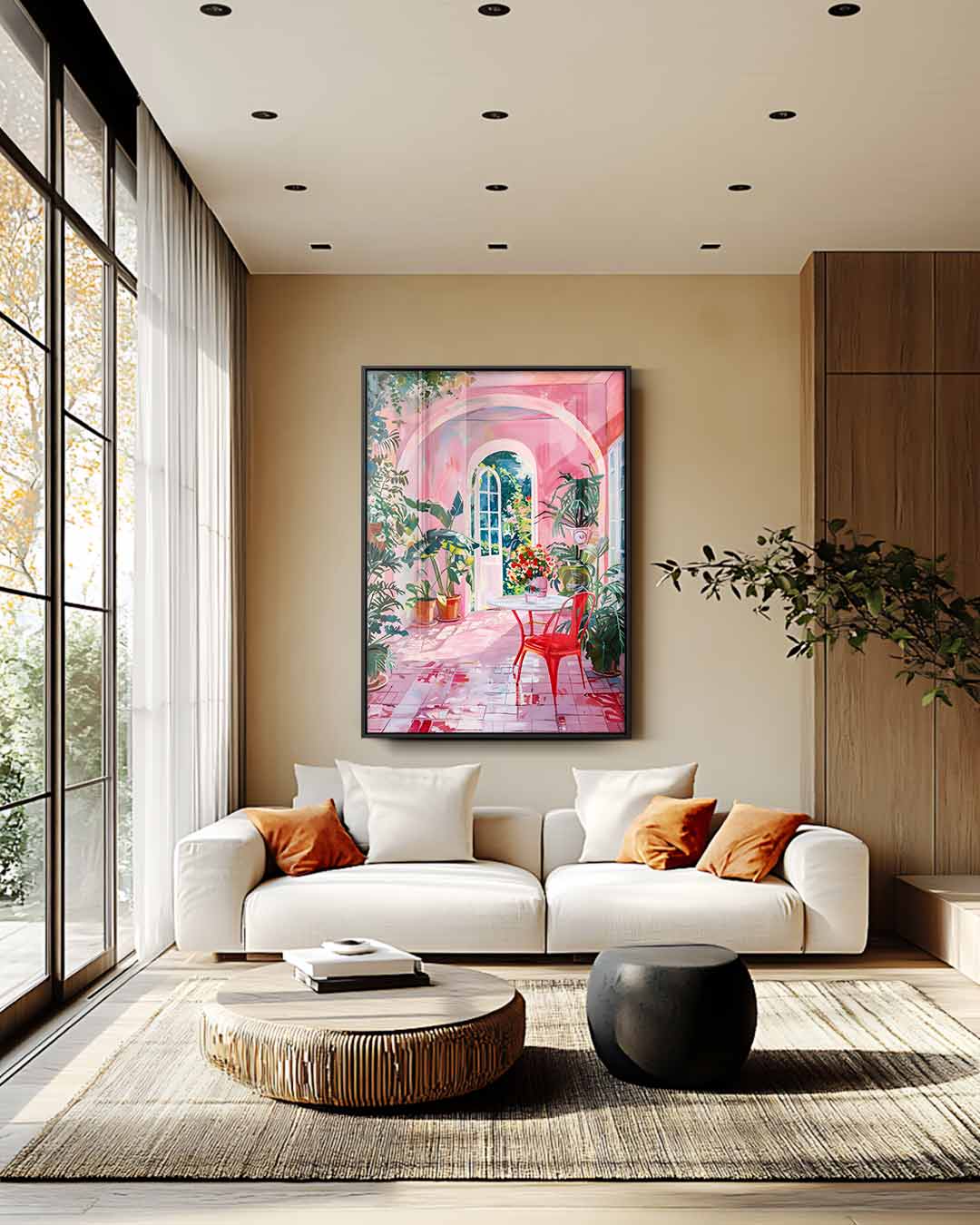 Roze Dromerige Tuinserre Schilderij – plexiglas wanddecoratie in portret formaat