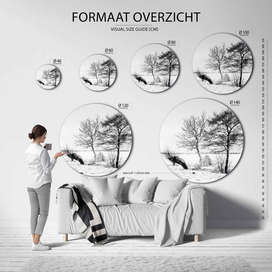 Winterlandschap met bomen – ronde wanddecoratie met fotografie