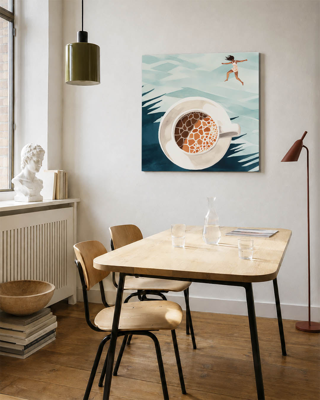 Droomachtige sprong kunstwerk – detailweergave – dit kunstwerk toont een vrouw die boven een kop koffie zweeft, met een