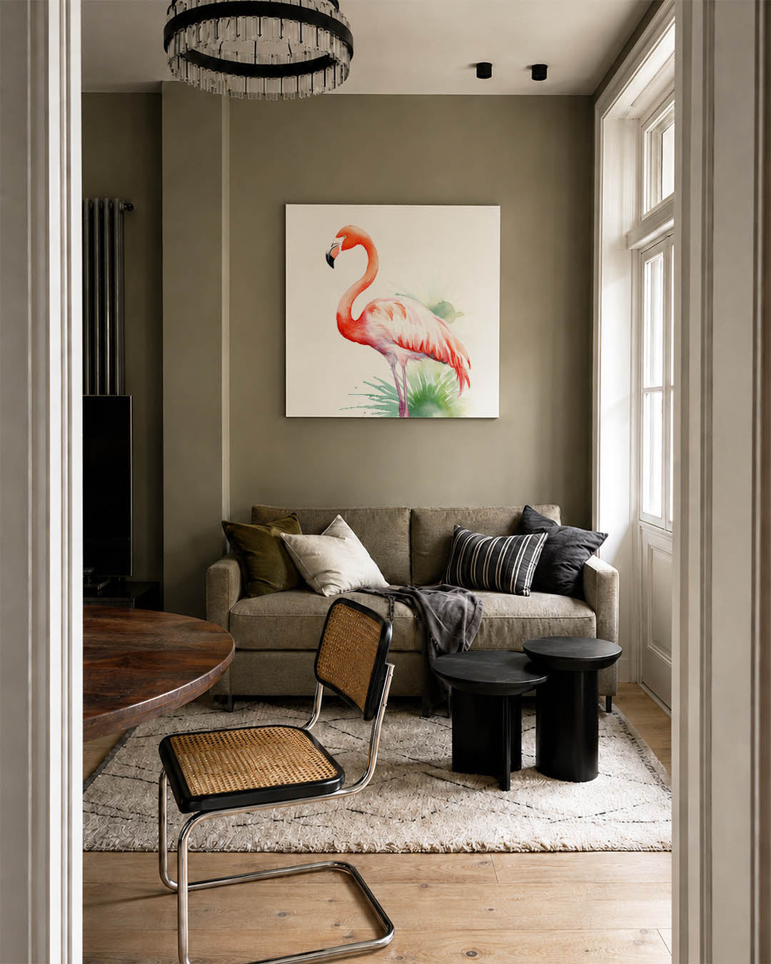 Flamingo in waterverf kunstwerk – tweede productweergave – dit kunstwerk toont een sierlijke flamingo in levendige tinten
