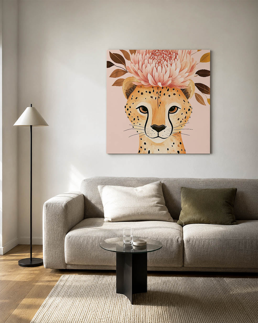 Dromerige bloem kunstwerk – detailweergave – een dier met een grote bloem op zijn hoofd, omringd door bladeren. De zachte