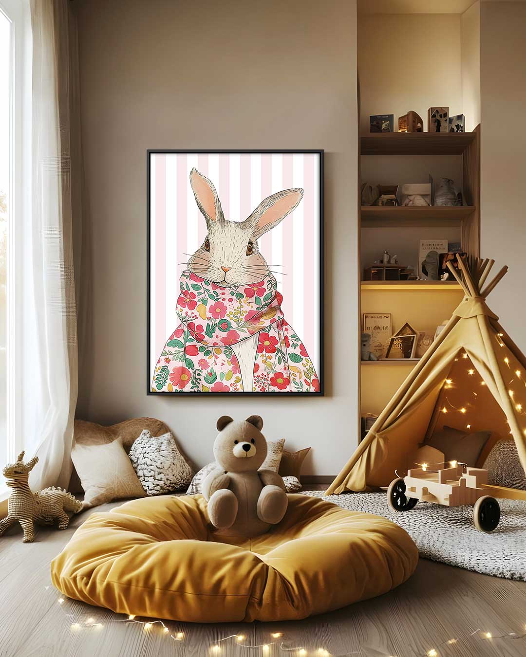 Stijlvolle Konijnenprint met Bloemendetail – staand kunstwerk voor modern interieur