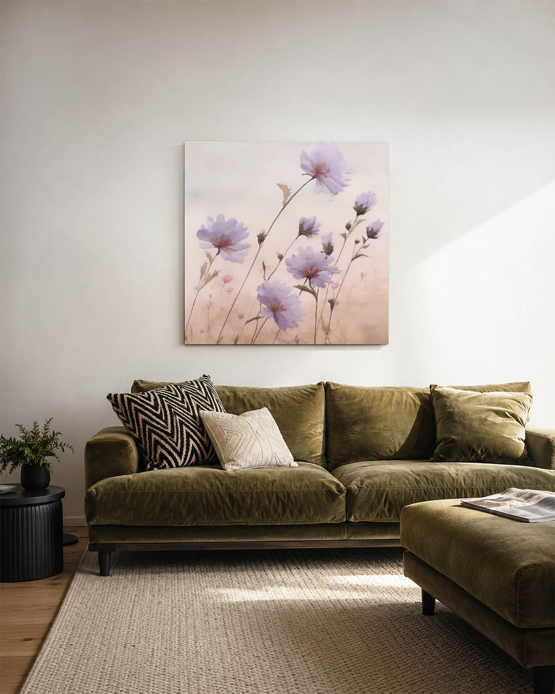 Bloemen in zachte tinten kunstwerk – sfeerbeeld – dit kunstwerk toont delicate bloemen in zachte tinten, met vloeiende lijnen