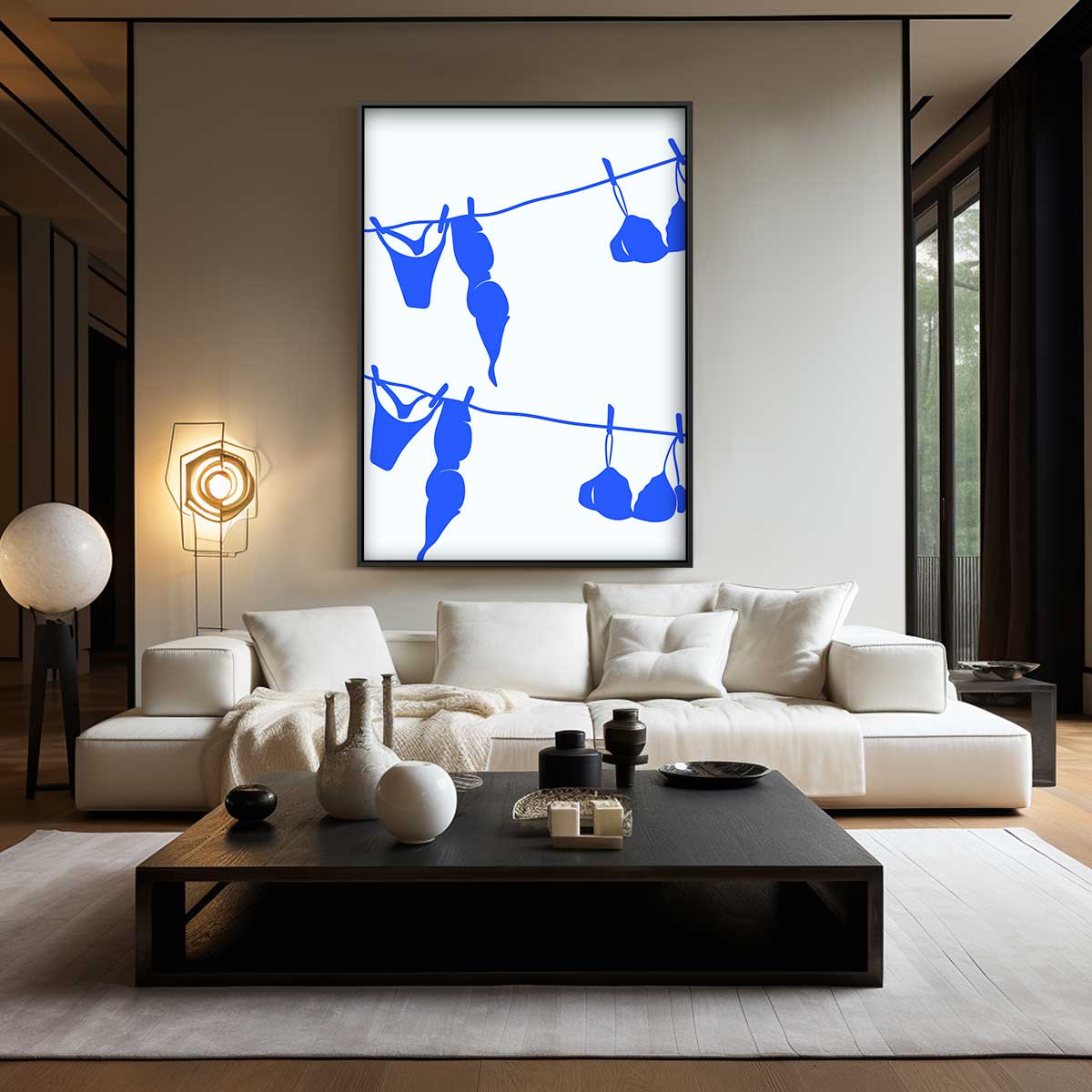 Blauwe Lingerie op de Lijn – kunstwerk met zwarte baklijst