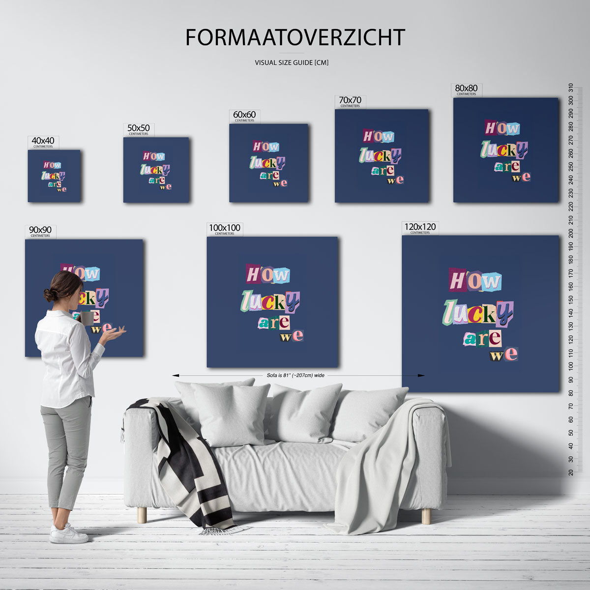 How lucky are we – kleurrijke vierkante muurposter in Pop Art stijl
