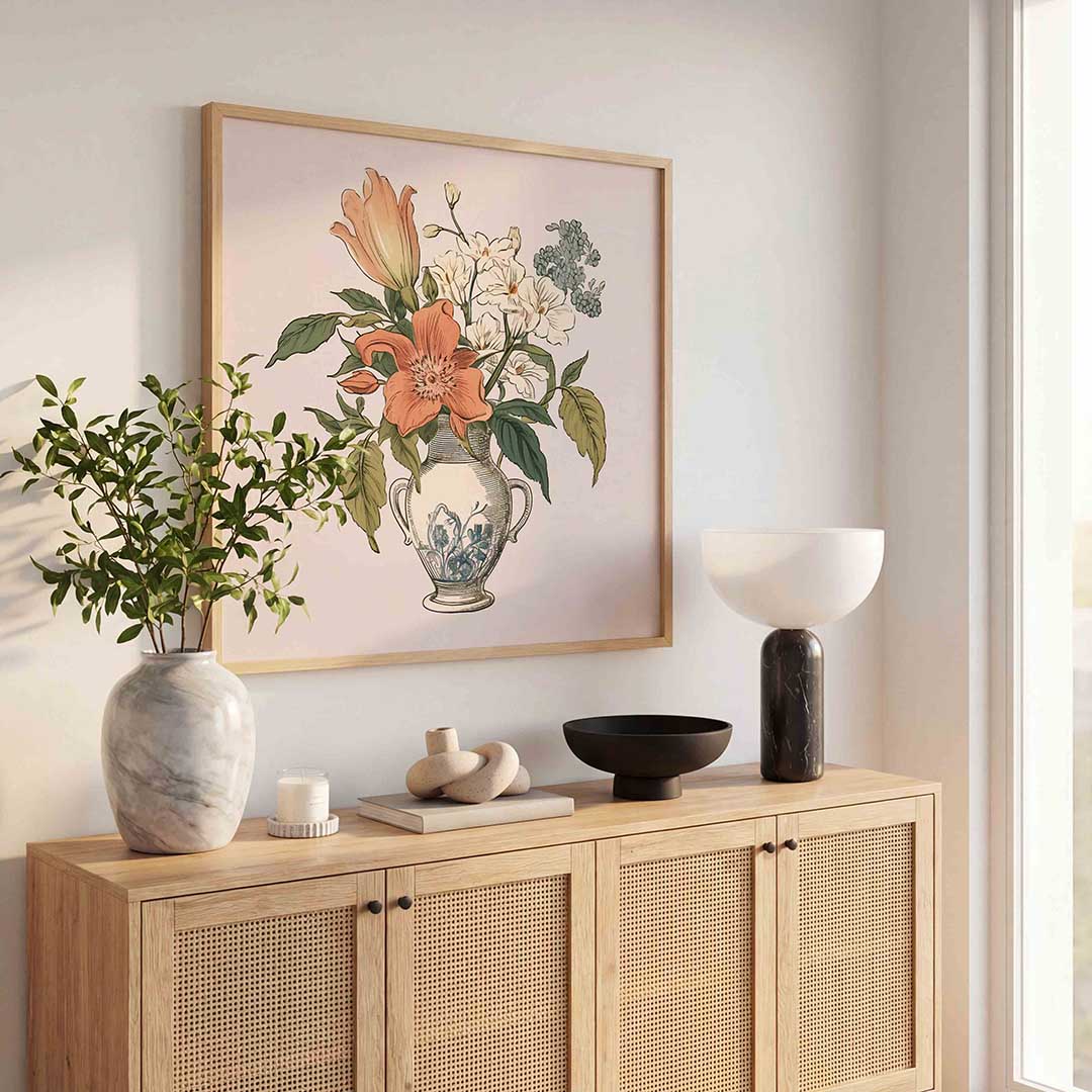 Bloemen in vaas – kleurrijke poster in vierkant formaat