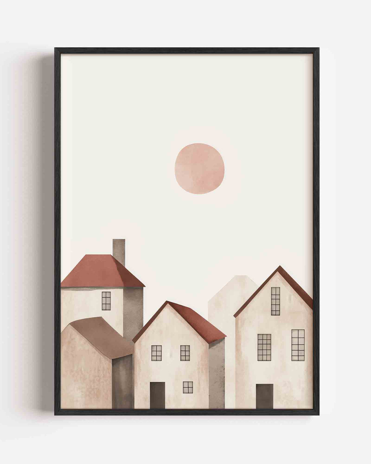 Huizen met zon – kids portret poster als wanddecoratie
