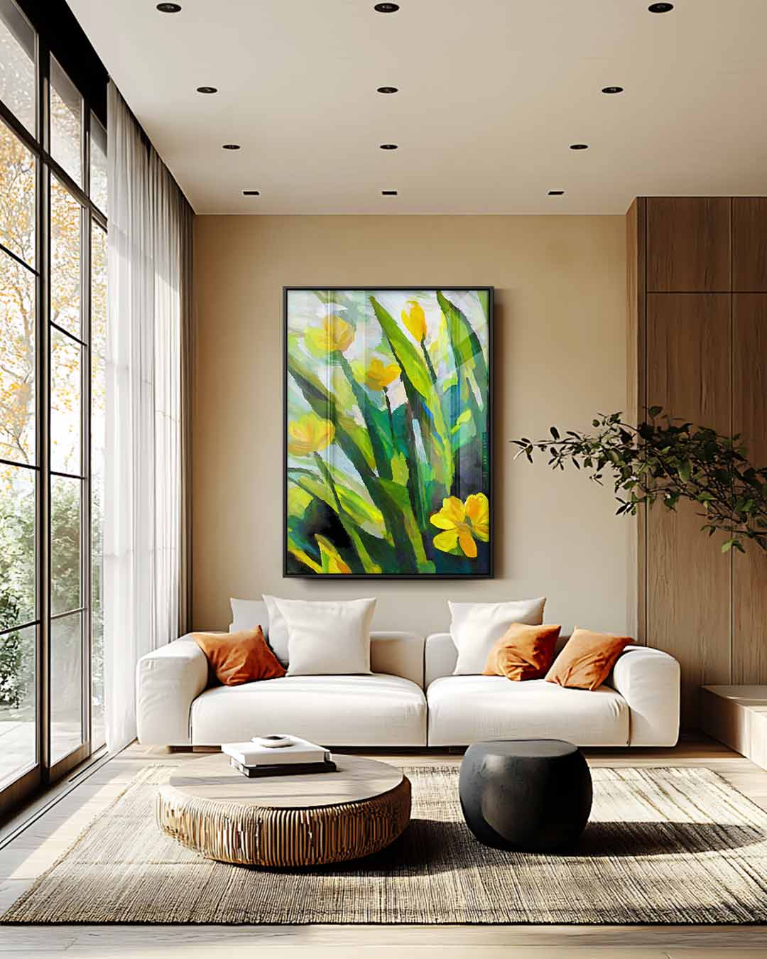 Zonnige Bloemvelden – kunstwerk met zwarte baklijst