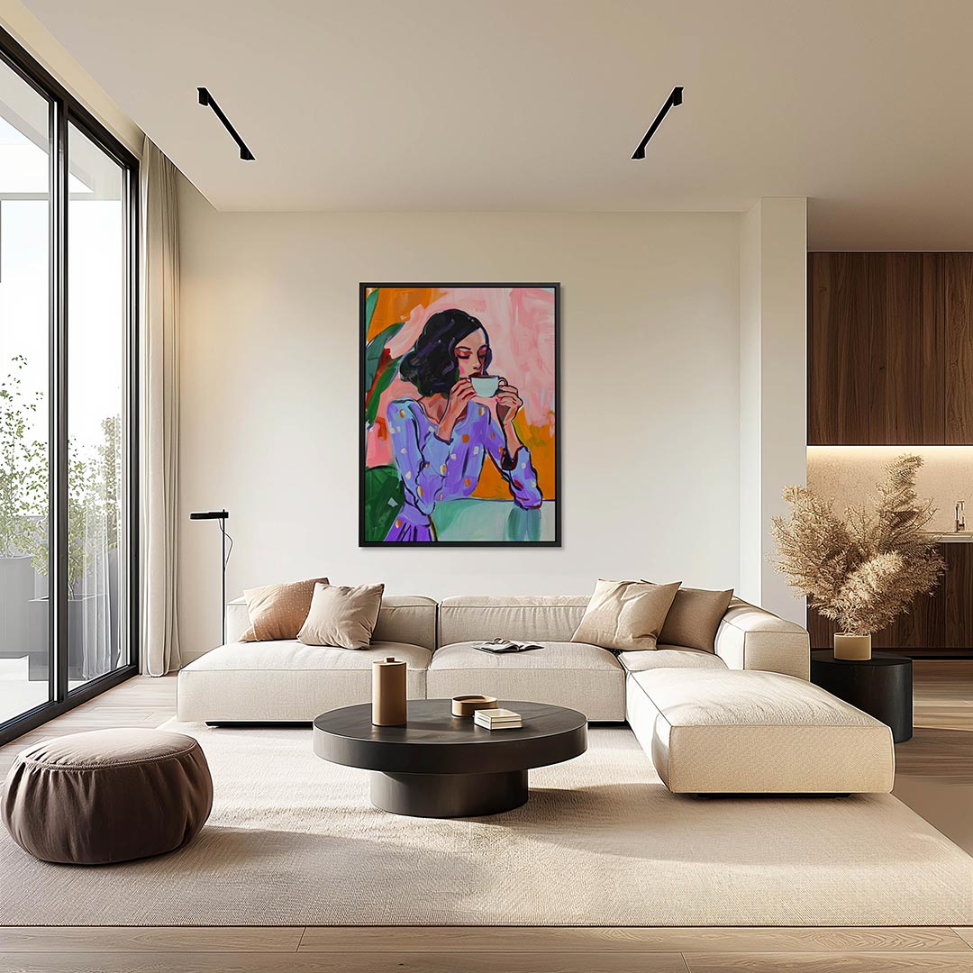 Vrouw met koffiekop – moderne staande wandkunst