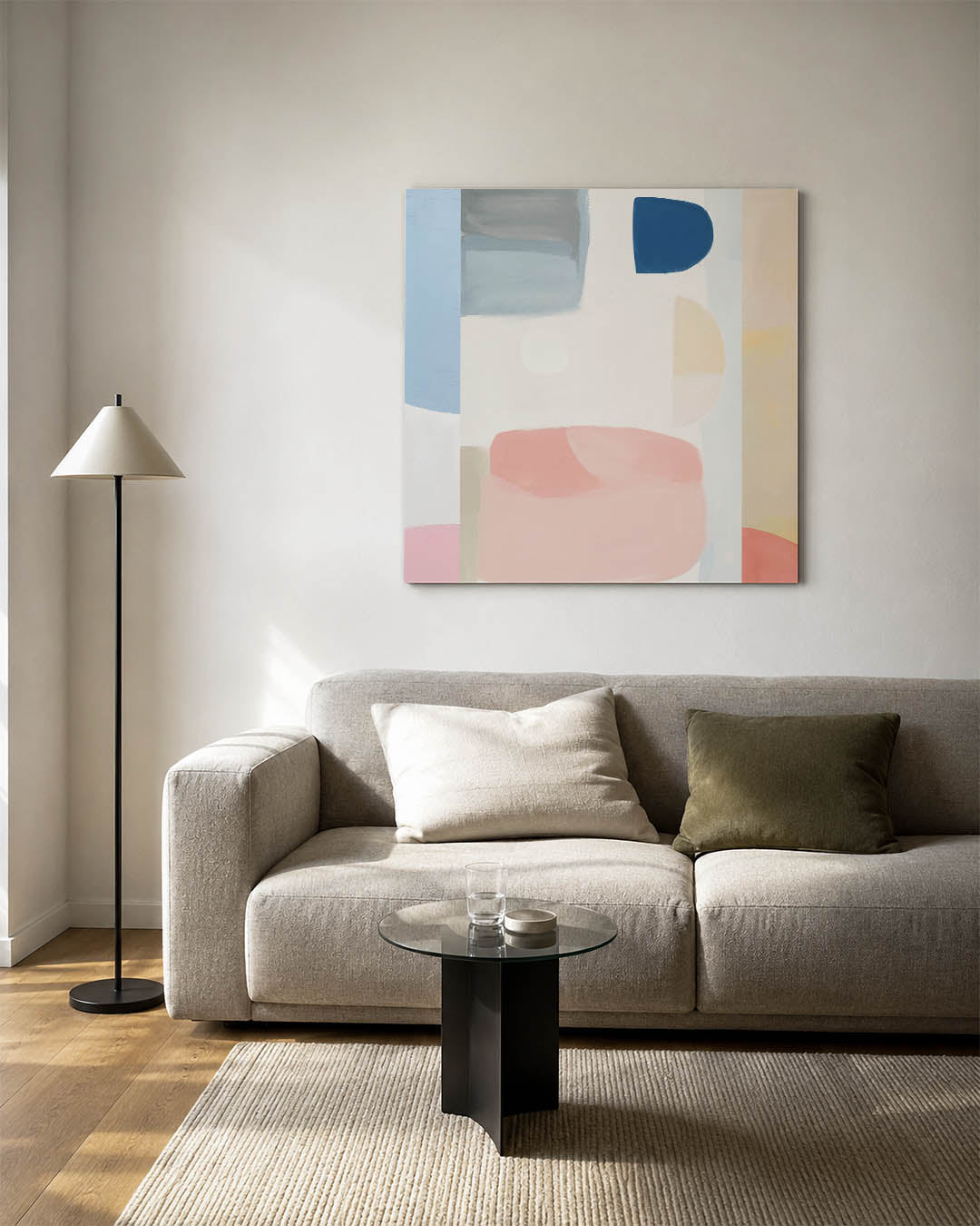 Vormenspel in kleur kunstwerk – vierkante wanddecoratie – dit werk toont een harmonie van zachte vormen en kleuren. Blauwe en
