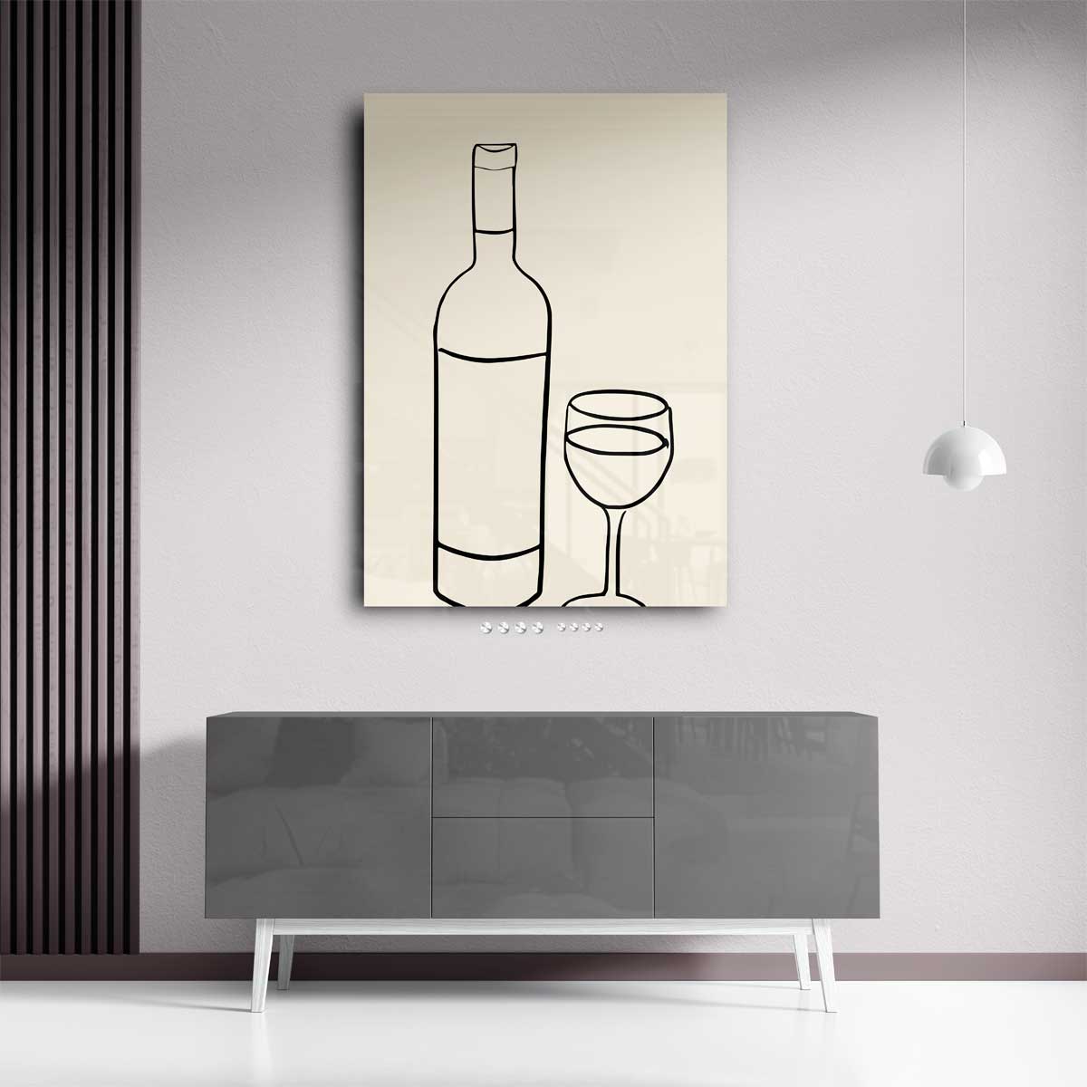 Wijn en Glas Minimalistische Lijntekening – kunstwerk met zwarte baklijst