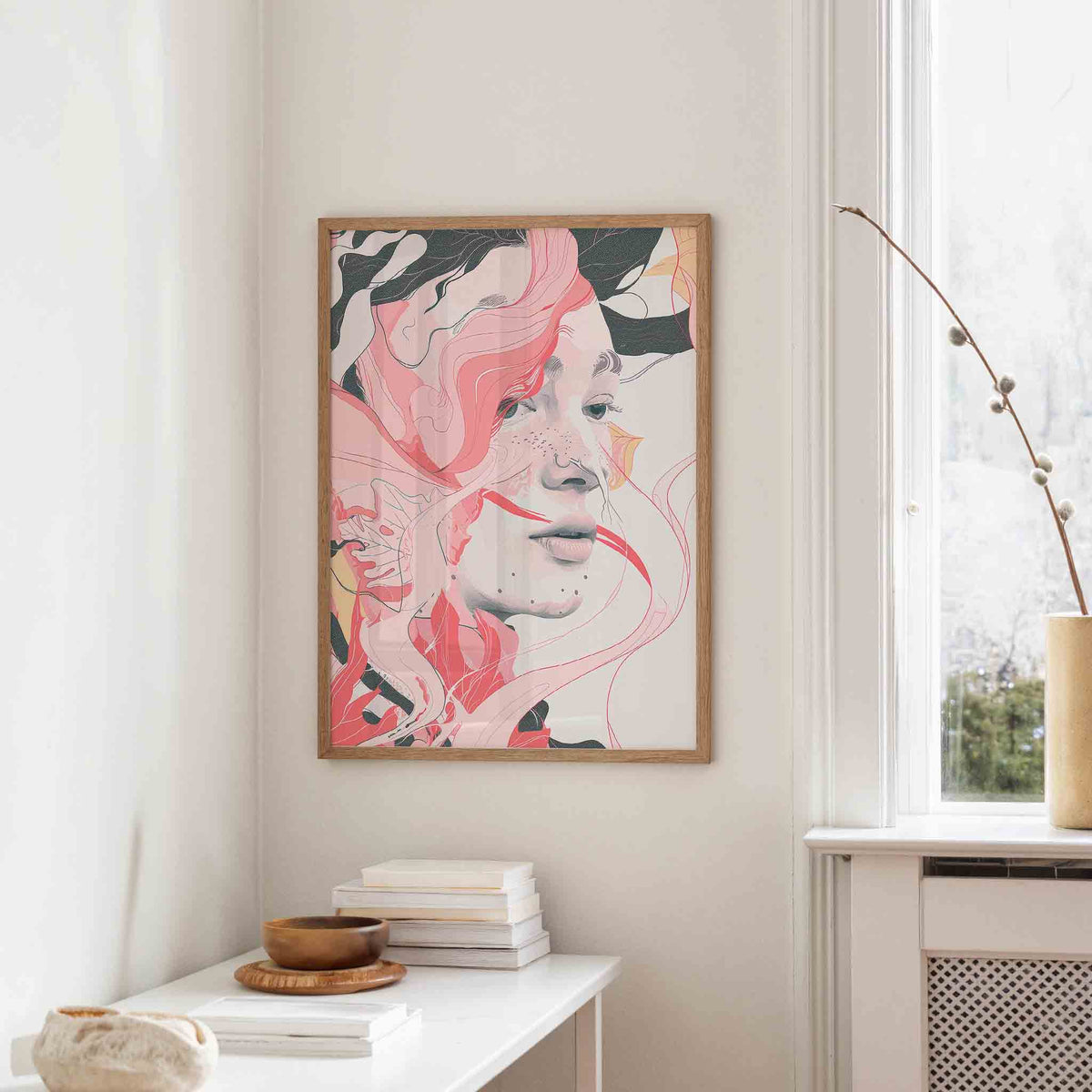 Vrouwelijk gezicht met roze lijnen – staande design wanddecoratie van WallArtistic
