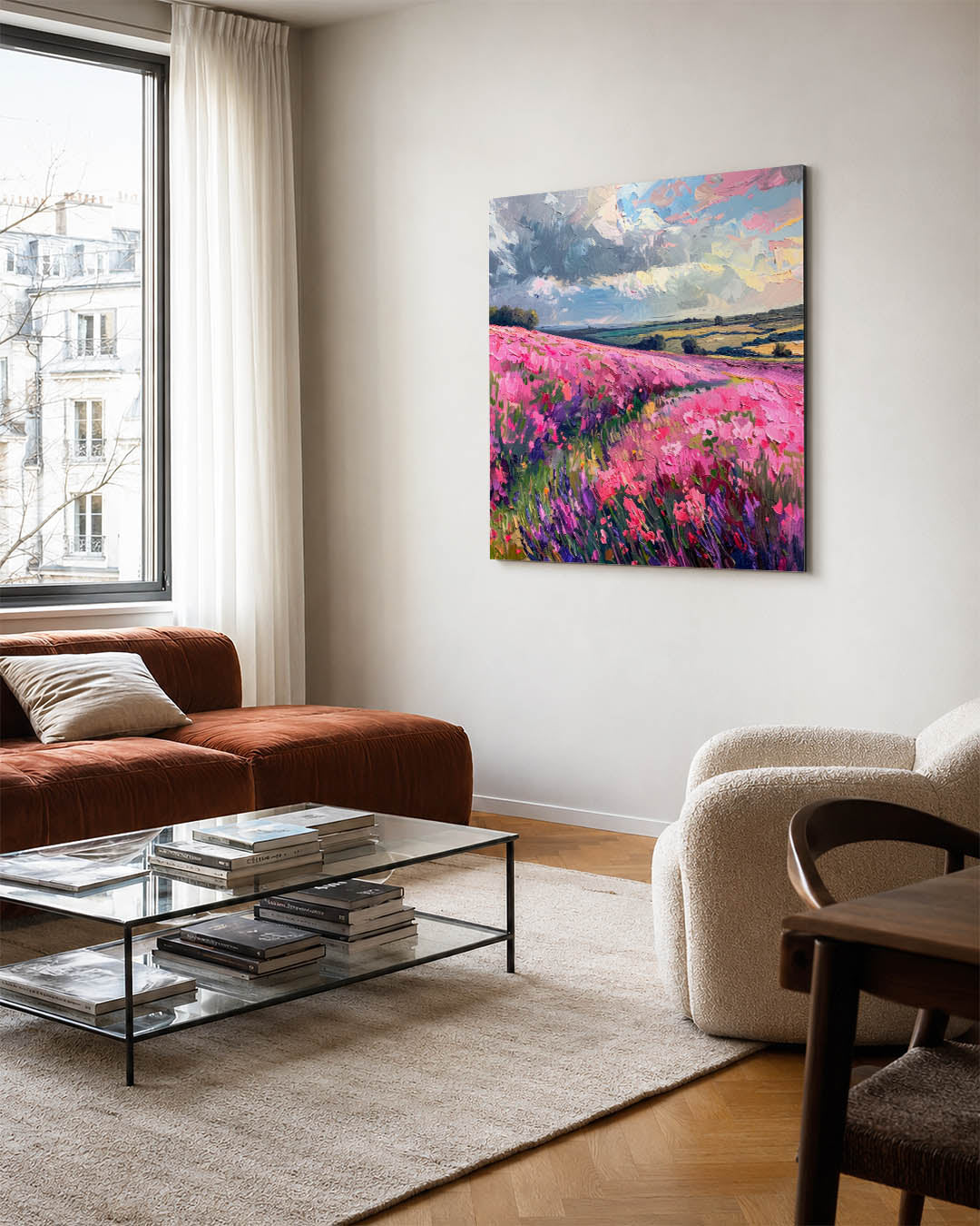 Vrolijke kleuren kunstwerk – vierkante wanddecoratie – dit werk toont een levendig landschap met een uitgestrekt veld vol