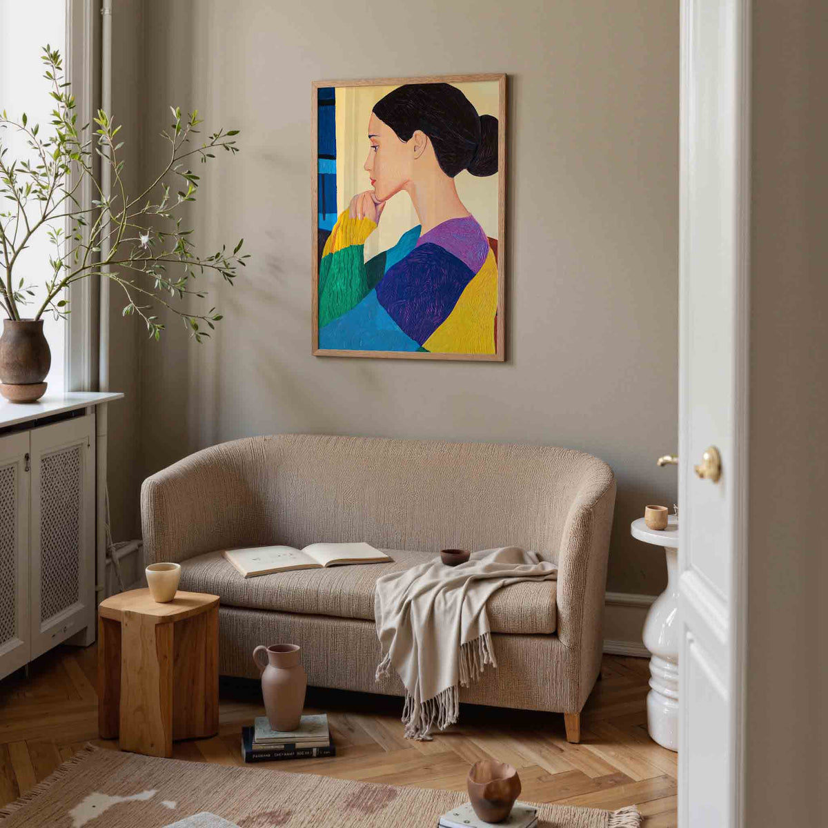 Vrouw in kleurrijke trui – illustratie poster in staand formaat